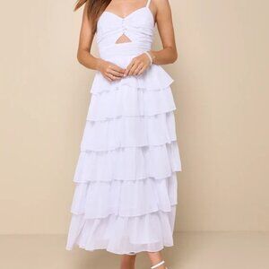 LULU'S - Poised Impression White Tiered Ruffled Cutout Midi Dress